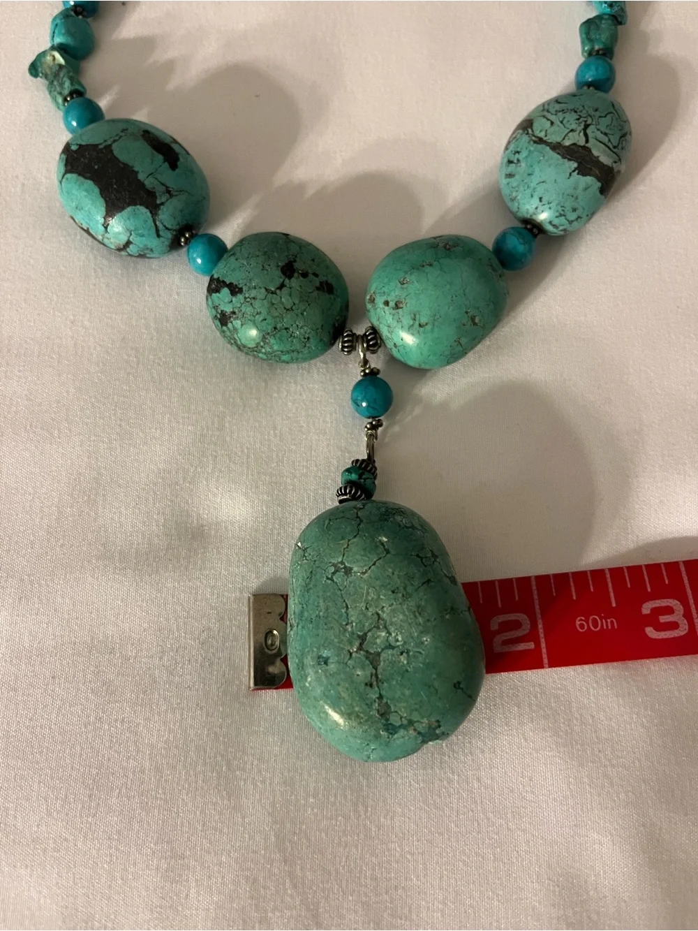 Vintage Turquoise Beaded Necklace with Chunky Focal Stone- dark matrix veining